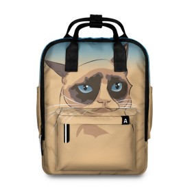 Женский рюкзак 3D с принтом Grumpy cat ART в Тюмени, 100% полиэстер | лямки с регулируемой длиной, сверху ручки, чтобы рюкзак нести как сумку. Основное отделение закрывается на молнию, как и внешний карман. Внутри два дополнительных кармана, один из которых закрывается на молнию. По бокам два дополнительных кармашка, куда поместится маленькая бутылочка
 | cat | grumpy | грустный кот | киса | кот | котэ | котяра | кошка | мем | сердитый кот