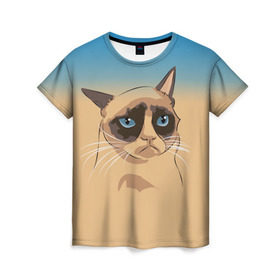 Женская футболка 3D с принтом Grumpy cat ART в Тюмени, 100% полиэфир ( синтетическое хлопкоподобное полотно) | прямой крой, круглый вырез горловины, длина до линии бедер | cat | grumpy | грустный кот | киса | кот | котэ | котяра | кошка | мем | сердитый кот