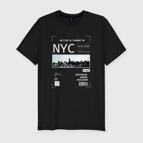 Мужская футболка премиум с принтом Нью Йорк в Тюмени, 92% хлопок, 8% лайкра | приталенный силуэт, круглый вырез ворота, длина до линии бедра, короткий рукав | Тематика изображения на принте: new york | америка | надписи | надпись | нью йорк | с надписью | с надписями | сша | штаты
