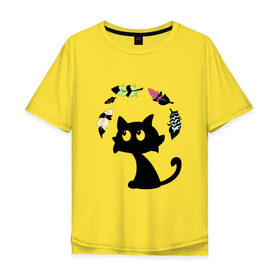 Мужская футболка хлопок Oversize с принтом Котик и перья в Тюмени, 100% хлопок | свободный крой, круглый ворот, “спинка” длиннее передней части | воздушный | девушкам. детям | животное | забавный | кот | котейка | котёнок | котик | кошка | летать | милый | перо | пёрышко | чёрный кот