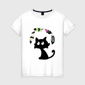 Женская футболка хлопок с принтом Котик и перья в Тюмени, 100% хлопок | прямой крой, круглый вырез горловины, длина до линии бедер, слегка спущенное плечо | воздушный | девушкам. детям | животное | забавный | кот | котейка | котёнок | котик | кошка | летать | милый | перо | пёрышко | чёрный кот