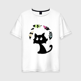 Женская футболка хлопок Oversize с принтом Котик и перья в Тюмени, 100% хлопок | свободный крой, круглый ворот, спущенный рукав, длина до линии бедер
 | воздушный | девушкам. детям | животное | забавный | кот | котейка | котёнок | котик | кошка | летать | милый | перо | пёрышко | чёрный кот