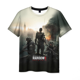 Мужская футболка 3D с принтом Rainbow Six в Тюмени, 100% полиэфир | прямой крой, круглый вырез горловины, длина до линии бедер | Тематика изображения на принте: pvp | воин | герой | огонь | оружия | призрак | снайпер | сражения | тактический | шутер
