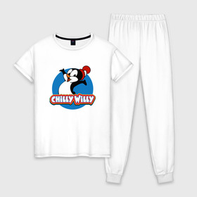 Женская пижама хлопок с принтом Чилли Вилли в Тюмени, 100% хлопок | брюки и футболка прямого кроя, без карманов, на брюках мягкая резинка на поясе и по низу штанин | chili vili | chilli willi | chilly willy | пингвин | пингвиненок | чили вили | чилли вилли