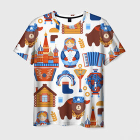 Мужская футболка 3D с принтом Традиционный поп арт в Тюмени, 100% полиэфир | прямой крой, круглый вырез горловины, длина до линии бедер | Тематика изображения на принте: pop art | style | балалайка | матрешка | медведь | поп арт | яркие | яркое