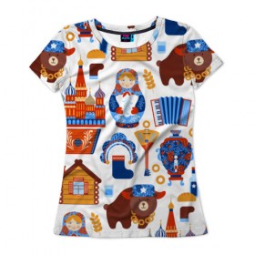 Женская футболка 3D с принтом Традиционный поп арт в Тюмени, 100% полиэфир ( синтетическое хлопкоподобное полотно) | прямой крой, круглый вырез горловины, длина до линии бедер | pop art | style | балалайка | матрешка | медведь | поп арт | яркие | яркое