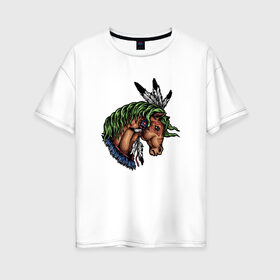 Женская футболка хлопок Oversize с принтом Лошадь в Тюмени, 100% хлопок | свободный крой, круглый ворот, спущенный рукав, длина до линии бедер
 | индеец | инди | кони | лошади | лошадь | перья