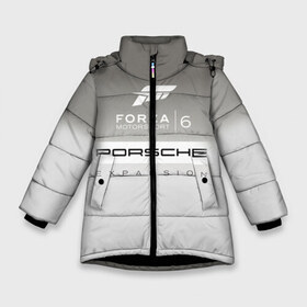 Зимняя куртка для девочек 3D с принтом Forza Motorsport 6 в Тюмени, ткань верха — 100% полиэстер; подклад — 100% полиэстер, утеплитель — 100% полиэстер. | длина ниже бедра, удлиненная спинка, воротник стойка и отстегивающийся капюшон. Есть боковые карманы с листочкой на кнопках, утяжки по низу изделия и внутренний карман на молнии. 

Предусмотрены светоотражающий принт на спинке, радужный светоотражающий элемент на пуллере молнии и на резинке для утяжки. | gear | top | авангард | вип | гонки | машина | офф | порше | сиквел | сила | скорость | спин