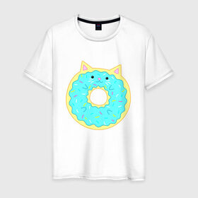 Мужская футболка хлопок с принтом Кисончик в Тюмени, 100% хлопок | прямой крой, круглый вырез горловины, длина до линии бедер, слегка спущенное плечо. | cat | cute | dessert | donut | kawaii | kitty | sweet | десерт | кот | котик | котики | коты | кошка | кошки | пончик | сладости | сладость