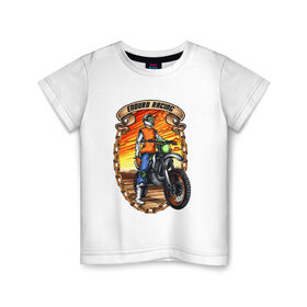 Детская футболка хлопок с принтом Мотоциклист в Тюмени, 100% хлопок | круглый вырез горловины, полуприлегающий силуэт, длина до линии бедер | racing | гонка | гонки | горные | мото | мотоцикл | мотоциклы | рейсинг