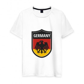 Мужская футболка хлопок с принтом Germany в Тюмени, 100% хлопок | прямой крой, круглый вырез горловины, длина до линии бедер, слегка спущенное плечо. | football | germany | sport | германия | мяч | нойер | орёл | сборная | спорт | флаг | футбол | чемпионат мира