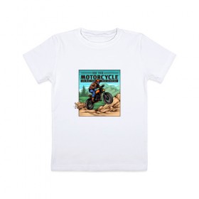Детская футболка хлопок с принтом Мотоциклист в Тюмени, 100% хлопок | круглый вырез горловины, полуприлегающий силуэт, длина до линии бедер | race | racing | rally | ride | байк | горные | мотоспорт | мотоцикл | мотоциклы | райд | с мотоциклом | спорт