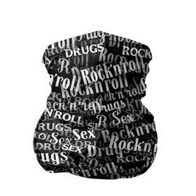 Бандана-труба 3D с принтом Sex, Drugs & Rock`n`Roll в Тюмени, 100% полиэстер, ткань с особыми свойствами — Activecool | плотность 150‒180 г/м2; хорошо тянется, но сохраняет форму | Тематика изображения на принте: jack daniel’s | белый | паттерн | рок | рок н ролл | рокнролл | текст | черный