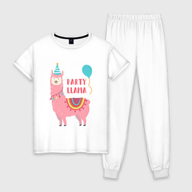 Женская пижама хлопок с принтом Лама в Тюмени, 100% хлопок | брюки и футболка прямого кроя, без карманов, на брюках мягкая резинка на поясе и по низу штанин | llama | вечеринка | животные | лама | ламы | милые