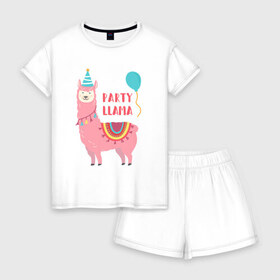 Женская пижама с шортиками хлопок с принтом Лама в Тюмени, 100% хлопок | футболка прямого кроя, шорты свободные с широкой мягкой резинкой | llama | вечеринка | животные | лама | ламы | милые