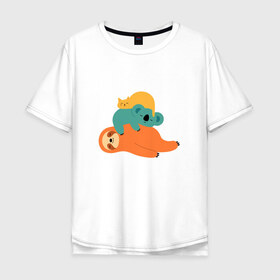 Мужская футболка хлопок Oversize с принтом Лень в Тюмени, 100% хлопок | свободный крой, круглый ворот, “спинка” длиннее передней части | Тематика изображения на принте: животные | коала | кот | ленивец | отдых | сон