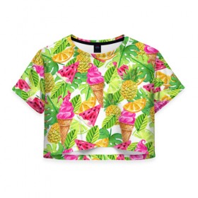 Женская футболка 3D укороченная с принтом Летнее настроение в Тюмени, 100% полиэстер | круглая горловина, длина футболки до линии талии, рукава с отворотами | Тематика изображения на принте: summer | зелень | листья | море | пляж | тропики | фруткты | цветы