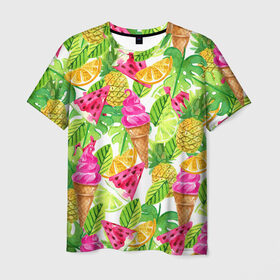 Мужская футболка 3D с принтом Летнее настроение в Тюмени, 100% полиэфир | прямой крой, круглый вырез горловины, длина до линии бедер | summer | зелень | листья | море | пляж | тропики | фруткты | цветы