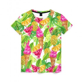 Женская футболка 3D с принтом Летнее настроение в Тюмени, 100% полиэфир ( синтетическое хлопкоподобное полотно) | прямой крой, круглый вырез горловины, длина до линии бедер | summer | зелень | листья | море | пляж | тропики | фруткты | цветы