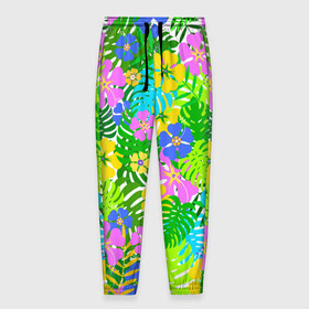 Мужские брюки 3D с принтом Летнее настроение в Тюмени, 100% полиэстер | манжеты по низу, эластичный пояс регулируется шнурком, по бокам два кармана без застежек, внутренняя часть кармана из мелкой сетки | гавайи | зелень | лето | листья | тропики | цветы