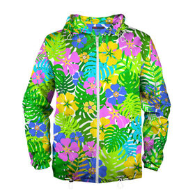 Мужская ветровка 3D с принтом Летнее настроение в Тюмени, 100% полиэстер | подол и капюшон оформлены резинкой с фиксаторами, два кармана без застежек по бокам, один потайной карман на груди | гавайи | зелень | лето | листья | тропики | цветы