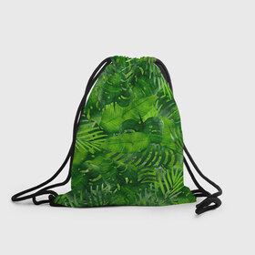 Рюкзак-мешок 3D с принтом Тропики в Тюмени, 100% полиэстер | плотность ткани — 200 г/м2, размер — 35 х 45 см; лямки — толстые шнурки, застежка на шнуровке, без карманов и подкладки | Тематика изображения на принте: джунгли | зелень | лес | листья | тропики