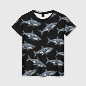 Женская футболка 3D с принтом Акулы в Тюмени, 100% полиэфир ( синтетическое хлопкоподобное полотно) | прямой крой, круглый вырез горловины, длина до линии бедер | shark | паттерн