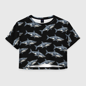 Женская футболка 3D укороченная с принтом Акулы в Тюмени, 100% полиэстер | круглая горловина, длина футболки до линии талии, рукава с отворотами | shark | паттерн