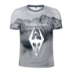 Мужская футболка 3D спортивная с принтом TES V SKYRIM в Тюмени, 100% полиэстер с улучшенными характеристиками | приталенный силуэт, круглая горловина, широкие плечи, сужается к линии бедра | dragon | mountain | skyrim | tes | tes 5 | the elder scrolls | горы | дракон | логотип | эмблема