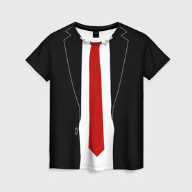 Женская футболка 3D с принтом КОСТЮМ АГЕНТА 47 в Тюмени, 100% полиэфир ( синтетическое хлопкоподобное полотно) | прямой крой, круглый вырез горловины, длина до линии бедер | agent 47 | галстук | пиджак | хитман