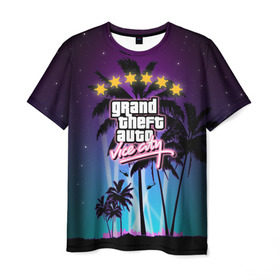 Мужская футболка 3D с принтом GTA Vice City в Тюмени, 100% полиэфир | прямой крой, круглый вырез горловины, длина до линии бедер | 5 звезд | auto | grand | gta | theft | vice city |   лето | вай сити | вертолеты | гта | звезды | логотип | надпись | пальмы | пляжная | рисунок | розыск | рубашка | томми версетти