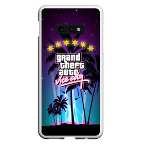 Чехол для Samsung S10E с принтом GTA Vice City в Тюмени, Силикон | Область печати: задняя сторона чехла, без боковых панелей | 5 звезд | auto | grand | gta | theft | vice city |   лето | вай сити | вертолеты | гта | звезды | логотип | надпись | пальмы | пляжная | рисунок | розыск | рубашка | томми версетти