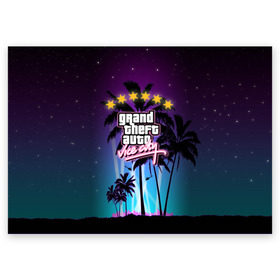 Поздравительная открытка с принтом GTA Vice City в Тюмени, 100% бумага | плотность бумаги 280 г/м2, матовая, на обратной стороне линовка и место для марки
 | Тематика изображения на принте: 5 звезд | auto | grand | gta | theft | vice city |   лето | вай сити | вертолеты | гта | звезды | логотип | надпись | пальмы | пляжная | рисунок | розыск | рубашка | томми версетти