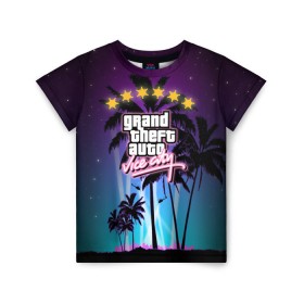 Детская футболка 3D с принтом GTA Vice City в Тюмени, 100% гипоаллергенный полиэфир | прямой крой, круглый вырез горловины, длина до линии бедер, чуть спущенное плечо, ткань немного тянется | 5 звезд | auto | grand | gta | theft | vice city |   лето | вай сити | вертолеты | гта | звезды | логотип | надпись | пальмы | пляжная | рисунок | розыск | рубашка | томми версетти