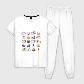 Женская пижама хлопок с принтом Sushi в Тюмени, 100% хлопок | брюки и футболка прямого кроя, без карманов, на брюках мягкая резинка на поясе и по низу штанин | Тематика изображения на принте: anime | fastfood | food | japan | roll | sushi | susi | аниме | роллы | суши | фастфуд | япония