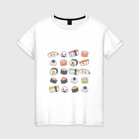 Женская футболка хлопок с принтом Sushi в Тюмени, 100% хлопок | прямой крой, круглый вырез горловины, длина до линии бедер, слегка спущенное плечо | anime | fastfood | food | japan | roll | sushi | susi | аниме | роллы | суши | фастфуд | япония