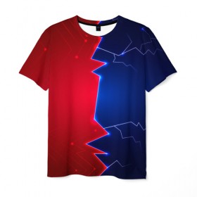Мужская футболка 3D с принтом Battle color в Тюмени, 100% полиэфир | прямой крой, круглый вырез горловины, длина до линии бедер | blue | lightning | lines | red | красный | линии | молния | половины | противостояние | синий