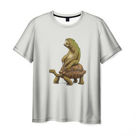 Мужская футболка 3D с принтом Ленивец и Черепаха в Тюмени, 100% полиэфир | прямой крой, круглый вырез горловины, длина до линии бедер | Тематика изображения на принте: быстрый | медленный | понедельник | работа | юмор