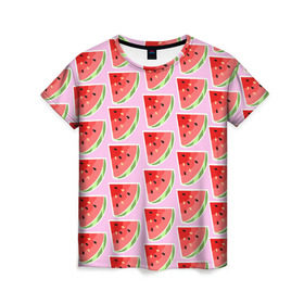 Женская футболка 3D с принтом Арбуз ПОП АРТ в Тюмени, 100% полиэфир ( синтетическое хлопкоподобное полотно) | прямой крой, круглый вырез горловины, длина до линии бедер | pop art | popart | арбуз | арбузный | дольками | дольки арбуза | поп арт