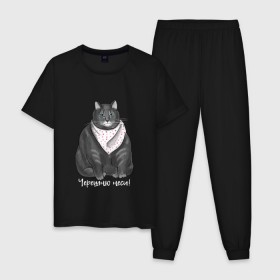 Мужская пижама хлопок с принтом Голодный кот в Тюмени, 100% хлопок | брюки и футболка прямого кроя, без карманов, на брюках мягкая резинка на поясе и по низу штанин
 | еда | кот | кушать | мем | черешня