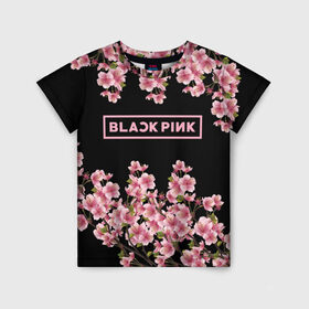 Детская футболка 3D с принтом BlackPink sakura в Тюмени, 100% гипоаллергенный полиэфир | прямой крой, круглый вырез горловины, длина до линии бедер, чуть спущенное плечо, ткань немного тянется | Тематика изображения на принте: black  pink | blackpink | jennie | jisoo | k pop | lalisa | sakura | группа | к поп | корейская группа | розовый | сакура | черный