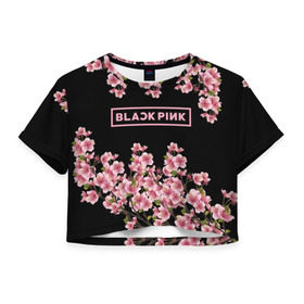 Женская футболка Cropp-top с принтом BlackPink sakura в Тюмени, 100% полиэстер | круглая горловина, длина футболки до линии талии, рукава с отворотами | black  pink | blackpink | jennie | jisoo | k pop | lalisa | sakura | группа | к поп | корейская группа | розовый | сакура | черный