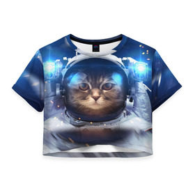 Женская футболка Cropp-top с принтом КОТ АСТРОНАВТ в Тюмени, 100% полиэстер | круглая горловина, длина футболки до линии талии, рукава с отворотами | astronaut | cat | space | животные | космос | кот | кот астронавт