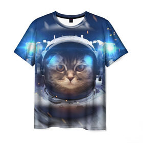 Мужская футболка 3D с принтом КОТ АСТРОНАВТ в Тюмени, 100% полиэфир | прямой крой, круглый вырез горловины, длина до линии бедер | Тематика изображения на принте: astronaut | cat | space | животные | космос | кот | кот астронавт
