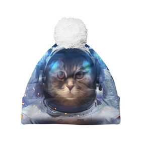Шапка 3D c помпоном с принтом КОТ АСТРОНАВТ в Тюмени, 100% полиэстер | универсальный размер, печать по всей поверхности изделия | astronaut | cat | space | животные | космос | кот | кот астронавт