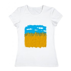 Женская футболка хлопок с принтом Украина в колосьях в Тюмени, 100% хлопок | прямой крой, круглый вырез горловины, длина до линии бедер, слегка спущенное плечо | жёлтый | колосья | небо | облака | пиксельный | поле | синий