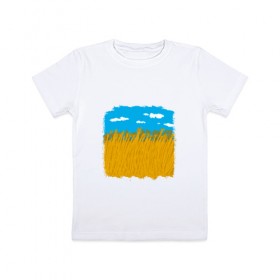 Детская футболка хлопок с принтом Украина в колосьях в Тюмени, 100% хлопок | круглый вырез горловины, полуприлегающий силуэт, длина до линии бедер | жёлтый | колосья | небо | облака | пиксельный | поле | синий