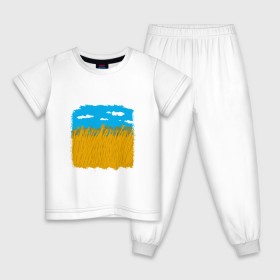 Детская пижама хлопок с принтом Украина в колосьях в Тюмени, 100% хлопок |  брюки и футболка прямого кроя, без карманов, на брюках мягкая резинка на поясе и по низу штанин
 | жёлтый | колосья | небо | облака | пиксельный | поле | синий