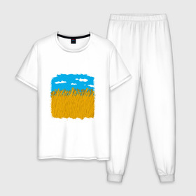 Мужская пижама хлопок с принтом Украина в колосьях в Тюмени, 100% хлопок | брюки и футболка прямого кроя, без карманов, на брюках мягкая резинка на поясе и по низу штанин
 | Тематика изображения на принте: жёлтый | колосья | небо | облака | пиксельный | поле | синий
