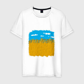 Мужская футболка хлопок с принтом Украина в колосьях в Тюмени, 100% хлопок | прямой крой, круглый вырез горловины, длина до линии бедер, слегка спущенное плечо. | Тематика изображения на принте: жёлтый | колосья | небо | облака | пиксельный | поле | синий